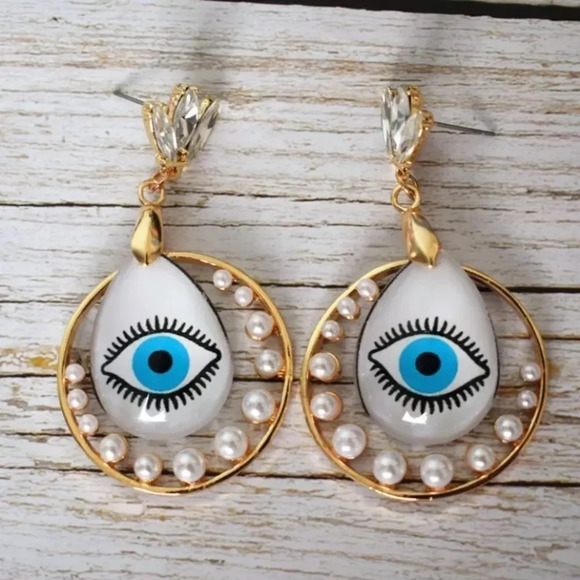 NEW! Dainty “Zhara” Pearl Evil Eye Drop Earrings - Picture 7 of 8